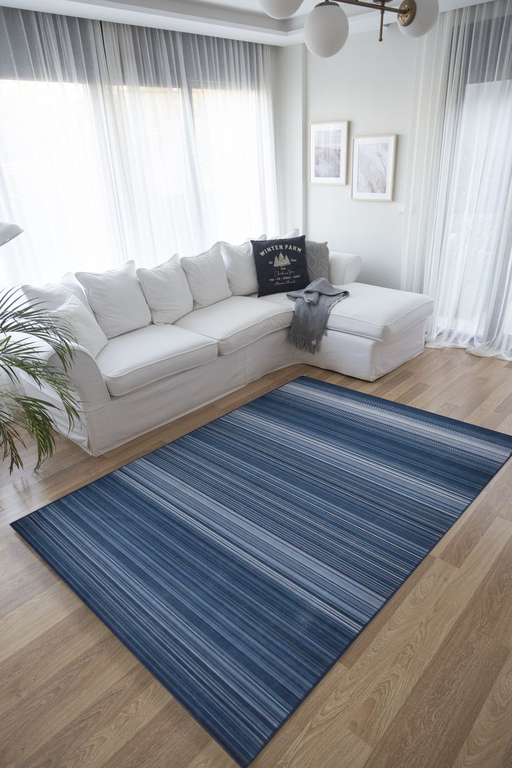 Blue Stripe Polyester Rug